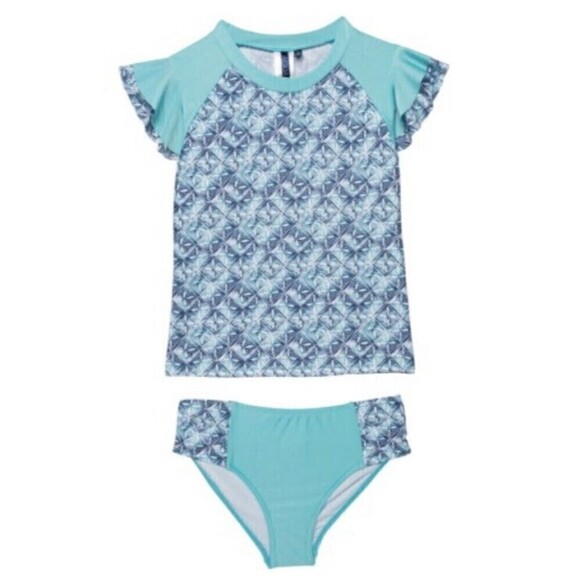 AQUA ET SOL Blue Rash Guard Bikini Bottom Set Swimsuit Girls Size 14/16 UPF 50+ - Picture 1 of 4